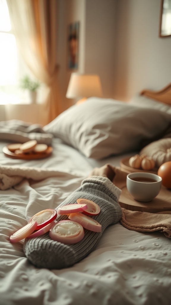 Onion Sock Remedy for Cold Relief A pair of socks filled with sliced onions on a bedside table in a cozy bedroom.